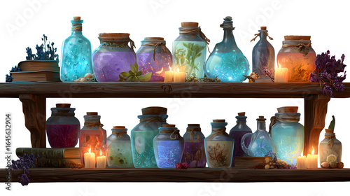 Apothecary shelf with potion bottles, isolated on transparent background