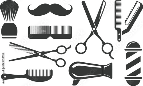 Barber and hair salon tool icons set, black and white vector illustration of scissors, comb, razor, brush, and hairdryer.