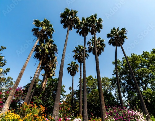 Tall palm trees rise against a clear blue sky, surrounded by colorful flowering bushes