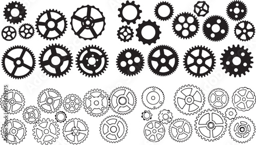 Collection of intricate mechanical gears and clockwork mechanisms in black and white