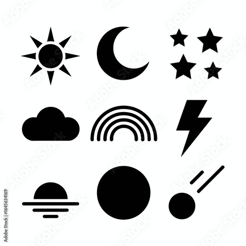 Collection of weather and celestial body icons silhouette isolated on white background
