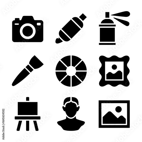 Collection of artistic tools and creative elements silhouette isolated on white background