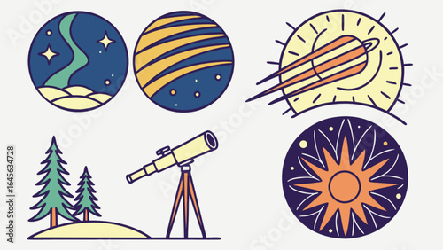 Astronomy science telescope planets stars galaxy night sky aurora borealis exploration and discovery vector art
