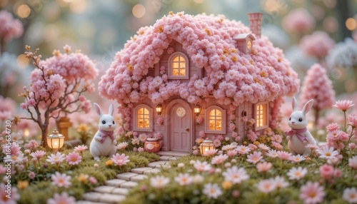 かわいいピンクの家とふわふわのウサギキャラクターの3Dミニチュア、パステルカラー、カワイイスタイルのおもちゃデザイン