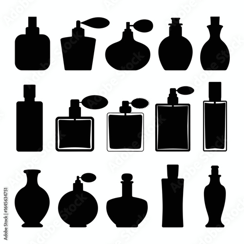 Collection of various perfume bottle silhouettes isolated on white background