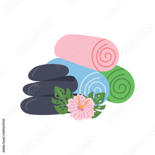 Massage stones and a stack of towels. Vector illustration of elements for Thai massage, spa
