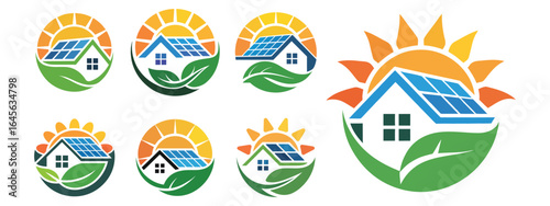 Solar Powered Eco Friendly House Logos With Sun And Leaves solar energy home
