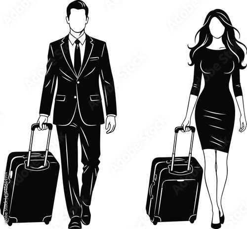 Business travelers walking with luggage, professional attire, corporate trip concept, airport scene, stylish travel essentials, vector illustration, stock image