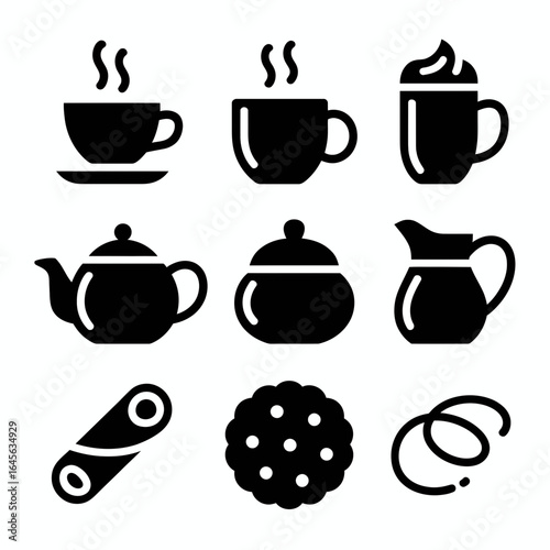 Collection of hot beverage and pastry icons in silhouette isolated on white background