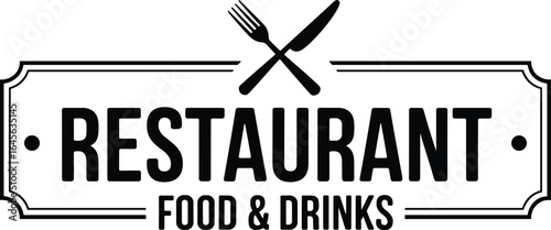 Minimalist black and white restaurant logo design with fork and knife icon, food and drinks banner, modern vintage style signage