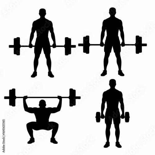Four silhouettes of a man performing weightlifting exercises isolated on white background