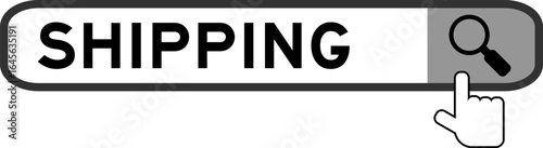 Search banner in word shipping with hand over magnifier icon on white background