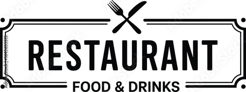 Minimalist black and white restaurant logo design with fork and knife icon, food and drinks banner, modern vintage style signage