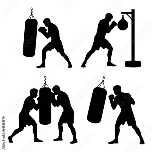Boxing training silhouettes of athletes with punching bags and speed bag isolated on white background silhouette