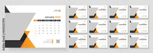 2026 desk calendar design template, 12 month corporate table calendar design, Calendar template for 2026 with week start on Sunday.