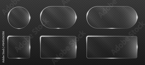 Futuristic glass frames with neon glow in blue and electric tones. Transparent geometric shapes including squares circles and hexagons for digital banners UI templates and high tech signage.