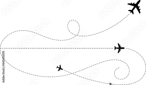 Black airplanes flying on dashed lines across white background aircraft travel