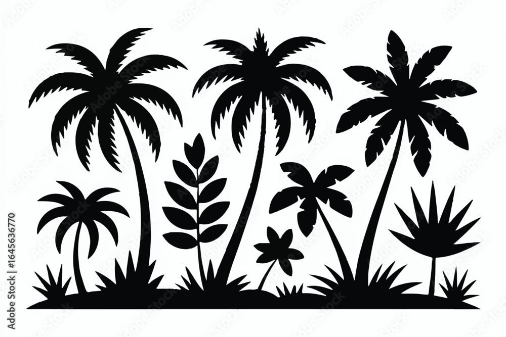 Obraz premium Black Silhouette Tropical Trees and Foliage palm tree