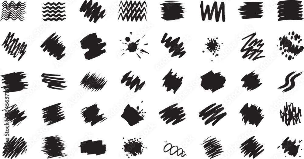 Collection of black hand drawn scribble and brush stroke textures on white background Collection of black hand drawn scribble and brush stroke textures on white background