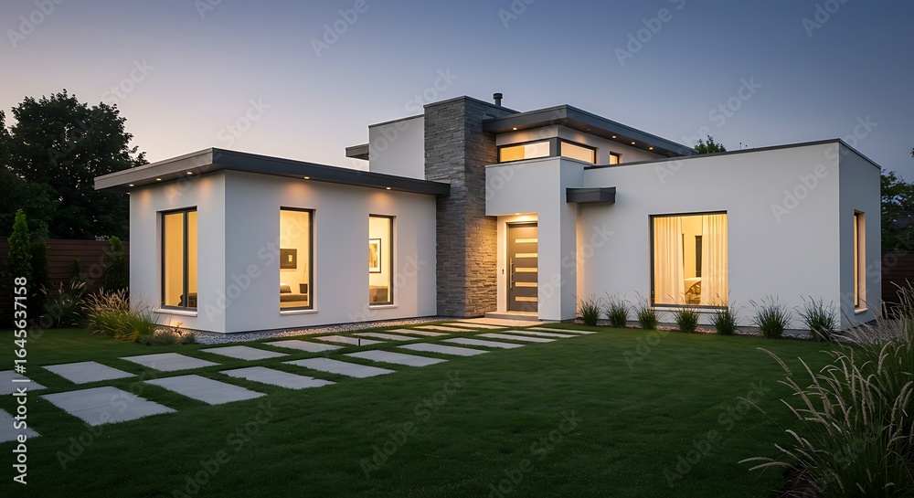 Fototapeta premium Sleek house exterior featuring clean lines, with a peaceful atmosphere.