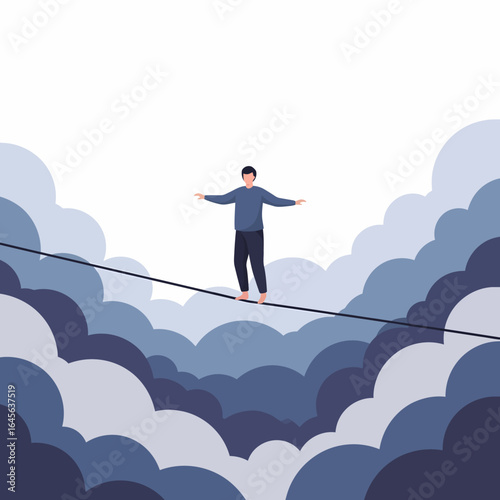 Flat vector man balancing on tightrope above clouds