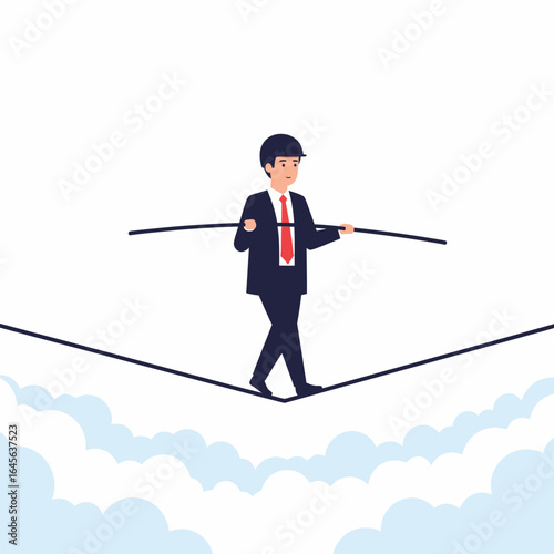Flat vector illustration businessman balancing on tightrope above clouds