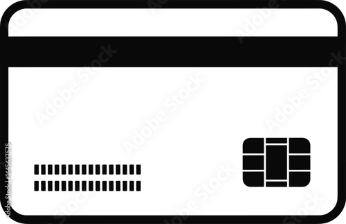 Black and white illustration of a credit card with chip and magnetic stripe debit card bank card