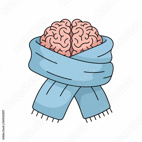 Flat vector brain wrapped in a light blue scarf for warmth