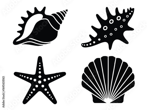 Black silhouettes of seashells and starfish conch scallop