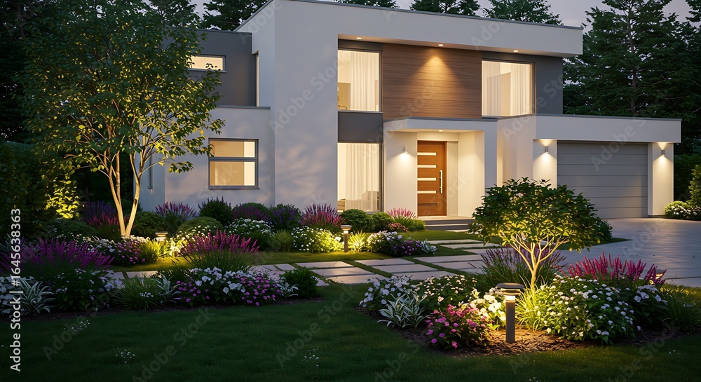 Obraz premium Elegant sleek house exterior featuring beautiful landscaping, highlighted by warm lighting residence featuring premium amenities