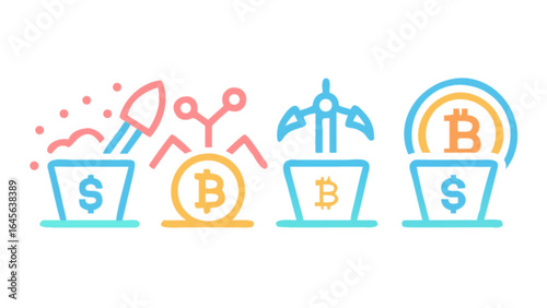 Bitcoin mining process illustration showing stages of cryptocurrency extraction concept design vector
