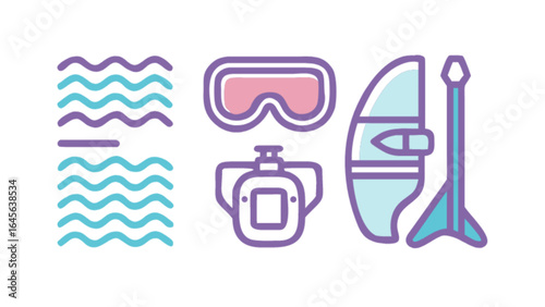 Explore water sports gear vector illustration featuring hydrofoil board goggles and ocean waves design concept