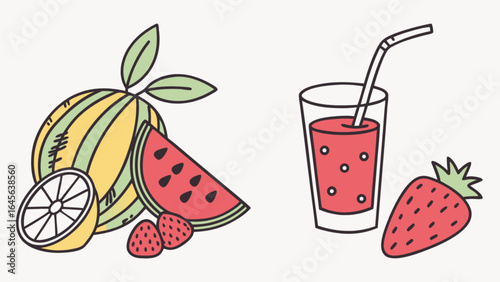 Fresh fruit juice smoothie with watermelon strawberry lemon healthy drink illustration vector design art