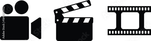 Black silhouette icons of vintage film camera clapperboard and film strip film camera icon clapperboard icon