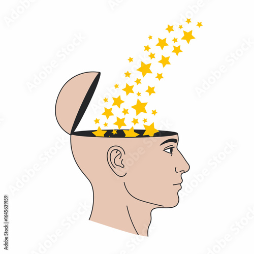 Flat vector illustration of stars exploding from open human head