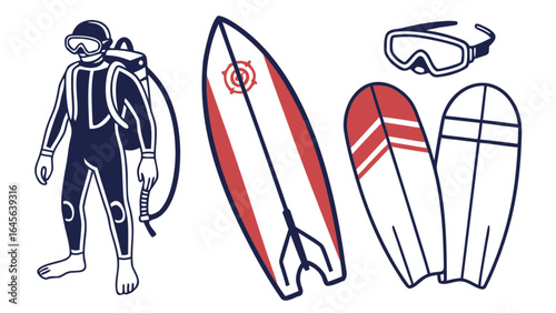 Scuba diving gear and surfboards vector illustration for summer water sport and beach lifestyle design