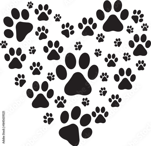 Heart shape formed by numerous black dog paw prints on white background