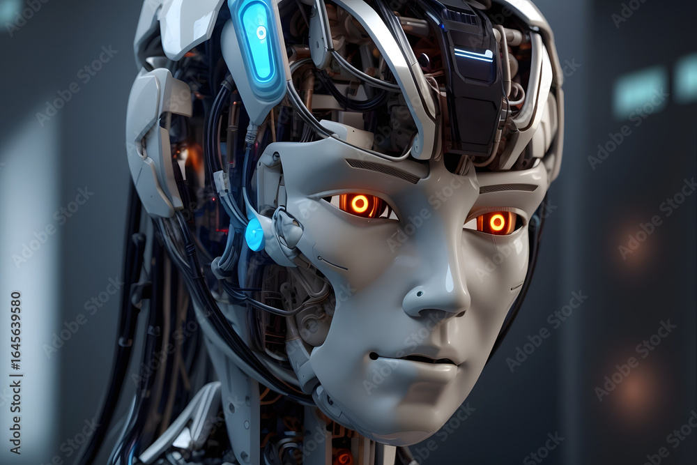 Fototapeta premium Futuristic robot with glowing eyes gazing forward, blending technology and humanity with its modern design