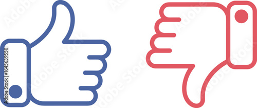 Blue thumbs up and red thumbs down icons on white background like dislike