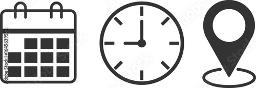 Calendar clock and location pin icons on white background time