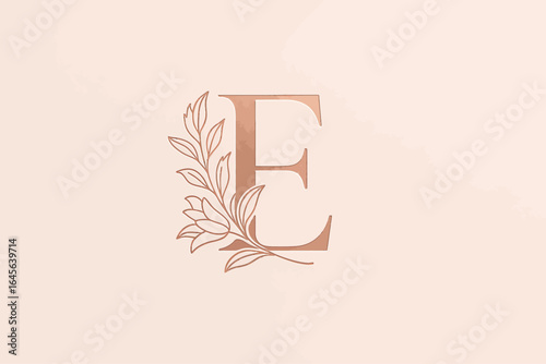 Elegant rose gold letter E with a minimalist botanical design featuring delicate leaves and floral elements on a soft neutral background, perfect for luxury monograms, wedding invitations, and upscale