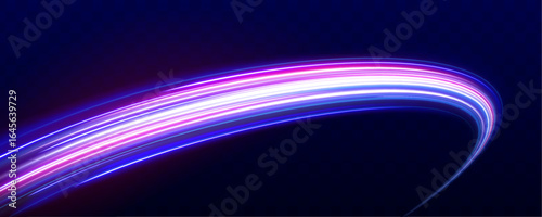 Neon swirls with light effect in the form of a spiral. Laser beams, horizontal light rays. Particle motion effect. Magic of moving fast lines.	