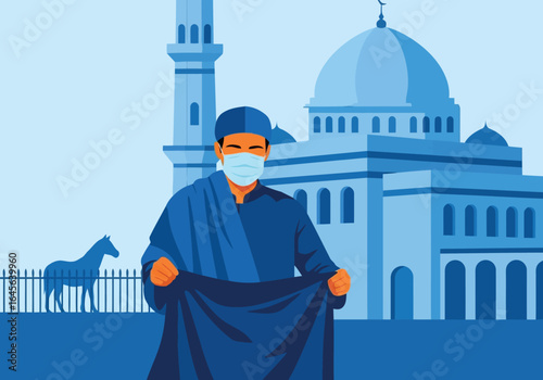 Vector art of muslim man wearing a face mask in front of a mosque with a horse in the background, symbolizing protection and tradition during uncertain times