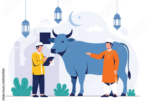 Vector art of two muslim men with a cow, preparing for eid aladha sacrifice, highlighting tradition, faith, and community celebration with festive decorations