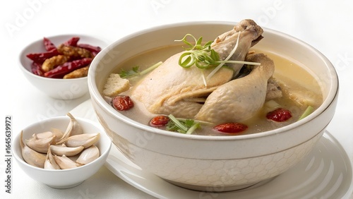 This image features a bowl of nourishing chicken soup, complemented by a bowl of red chili peppers and garlic cloves in two small