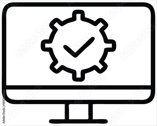 A computer monitor displaying a gear with a checkmark inside, representing successful setup configuration or system optimization in a clean outline graphic