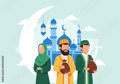 Vector art of three muslim people in traditional clothing stand in front of a mosque with a crescent moon and lanterns, representing islamic culture and celebration
