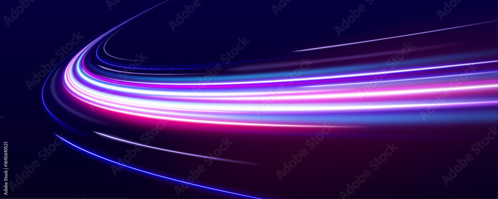 Light trail wave, fire path trace line, car lights, optic fiber and incandescence curve twirl. Neon color glowing lines background, high-speed light trails effect.