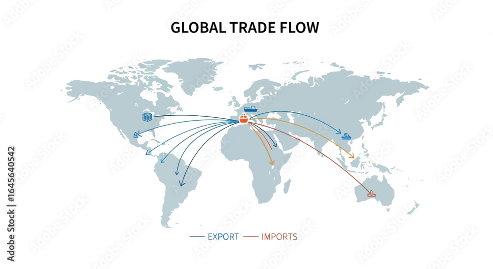 Naklejka premium Global Trade Flow Illustration Depicting Import and Export Routes