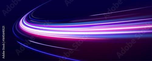 Light trail wave, fire path trace line, car lights, optic fiber and incandescence curve twirl. Neon color glowing lines background, high-speed light trails effect.	
